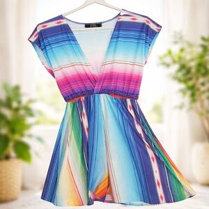 Lucky & Blessed Rainbow Serape Print Babydoll Tunic romper Boho Festival Size L